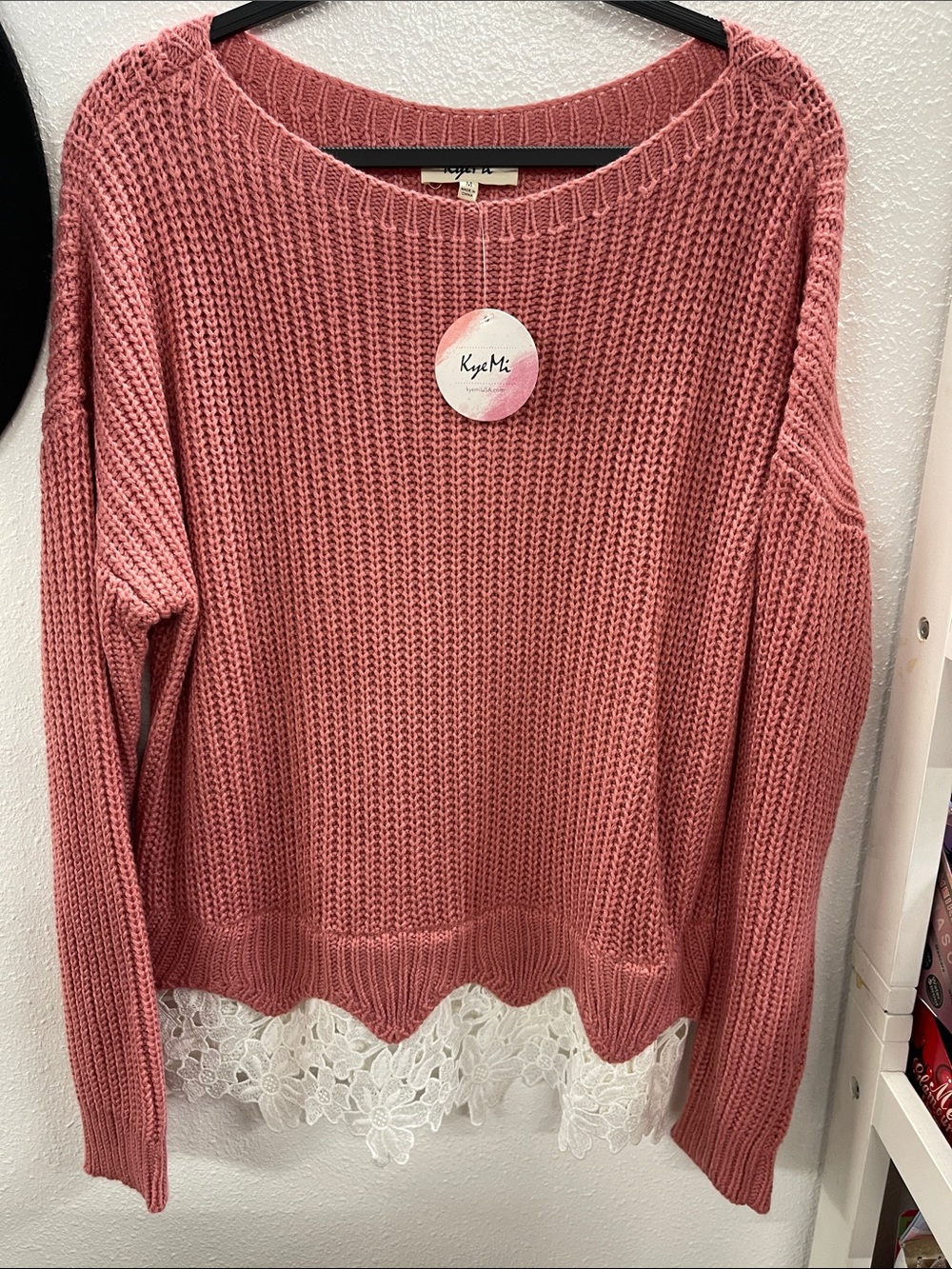 KyeMi Rose Pink Lace-Hem Crewneck Sweater